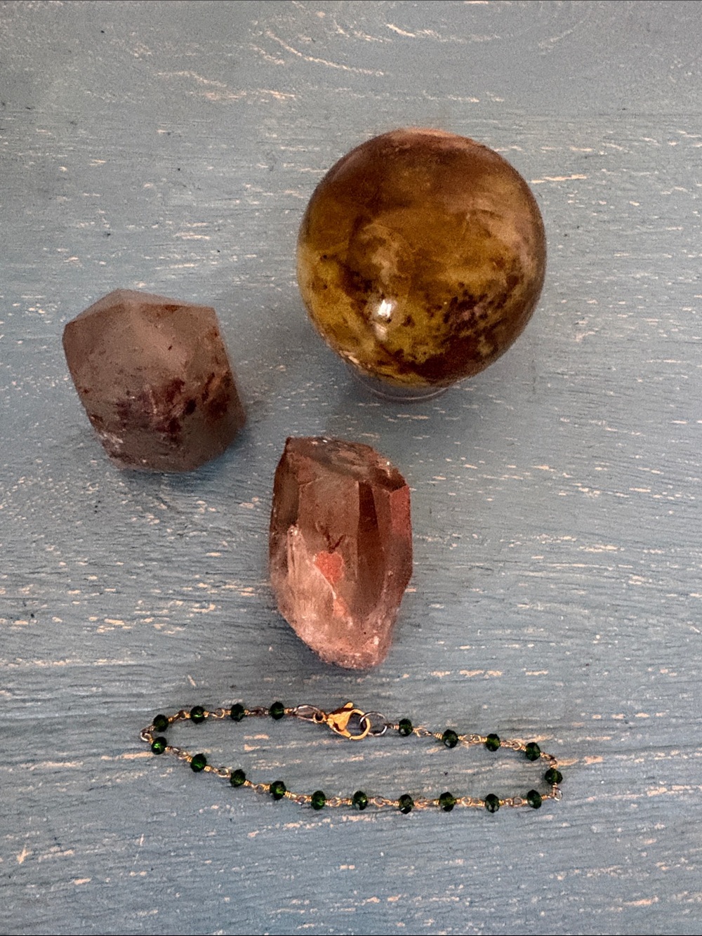 Set of three crystal and one round geode with FREE green bead bracelet